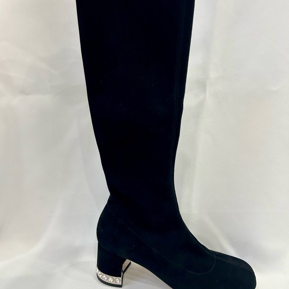 Miu Miu Black Knee-High Suede Boots with Crystal-Trim Block Heel - Picture 10 of 14